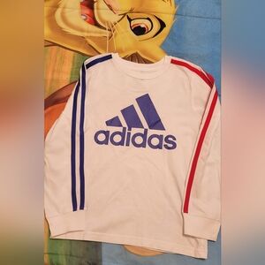 Adidas Kids Long Sleeve White Tee with Blue Logo and Red Stripes